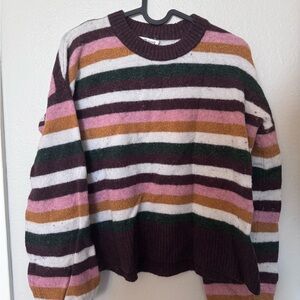 Madewell Striped Crew Neck Sweater in Pink, Brown, and Green